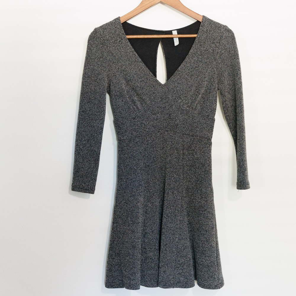 Free People Marled Knit V-Neck Fit & Flare Mini Dress Black White XS